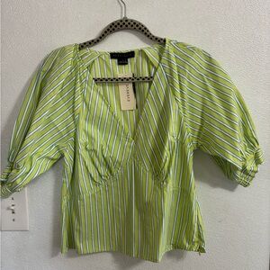 Everlane  Sanctuary Lime and White Striped V-Neck Blouse S